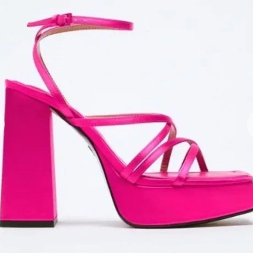 Zara Fuchsia Strappy Heeled Platform Sandals Chunky Satin Pink Barbie. Size‎ 38